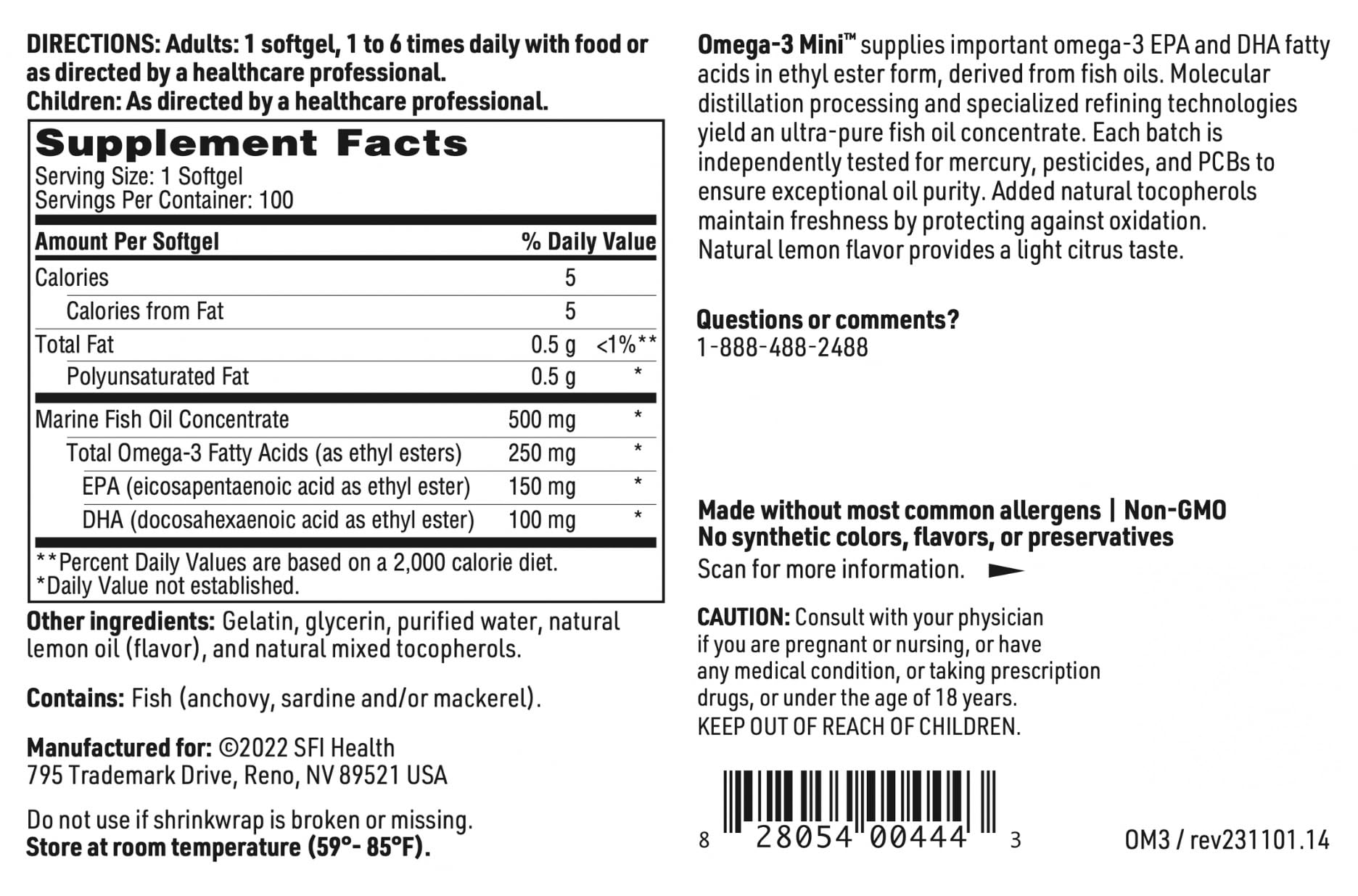 Omega-3 Mini SFI Health sans allergènes courants et sans colorants artificiels.