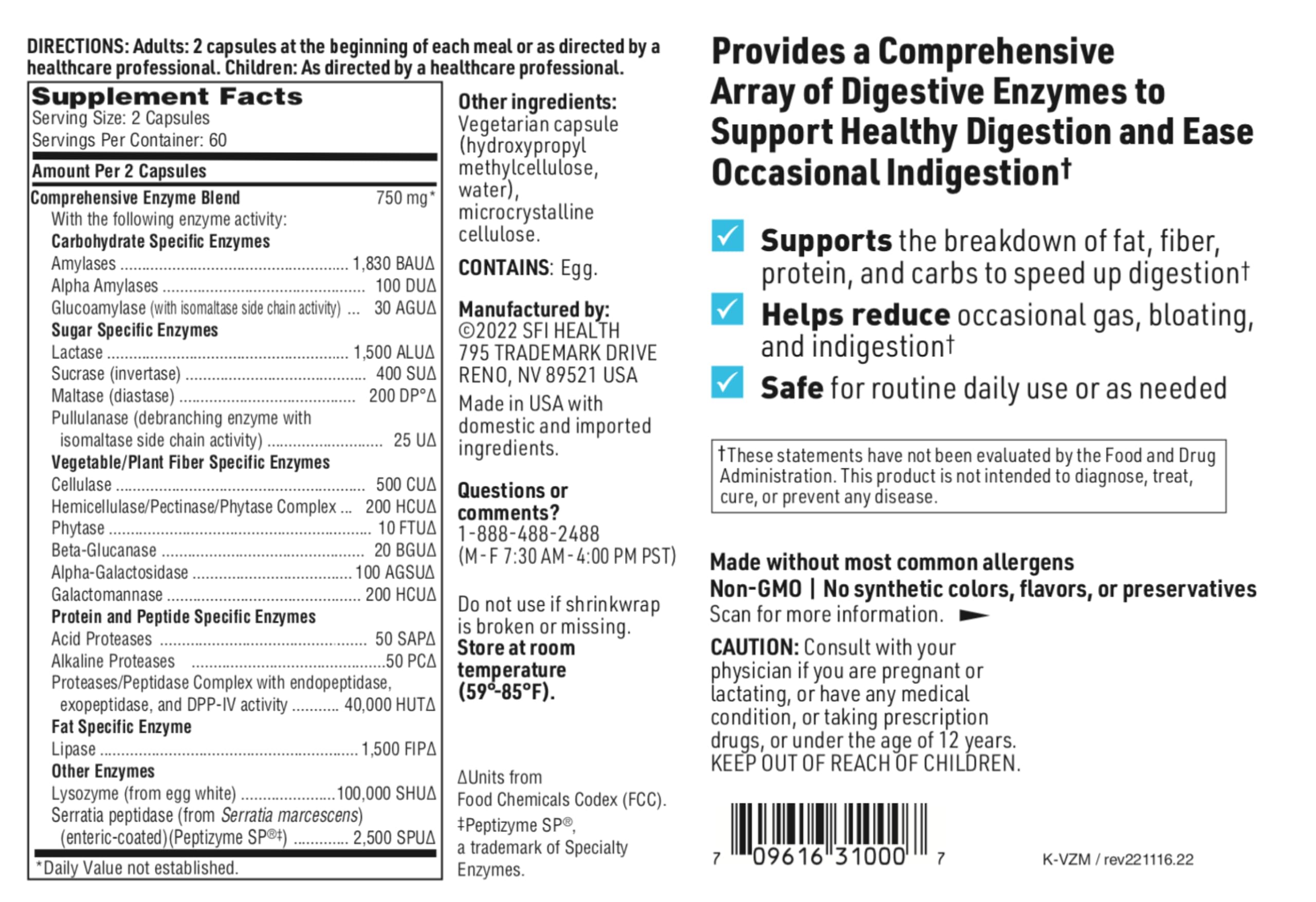 SFI Health Ther-Biotic Vital-Zymes Complete, bénéfices digestifs potentiels grâce à la multi-enzymes.