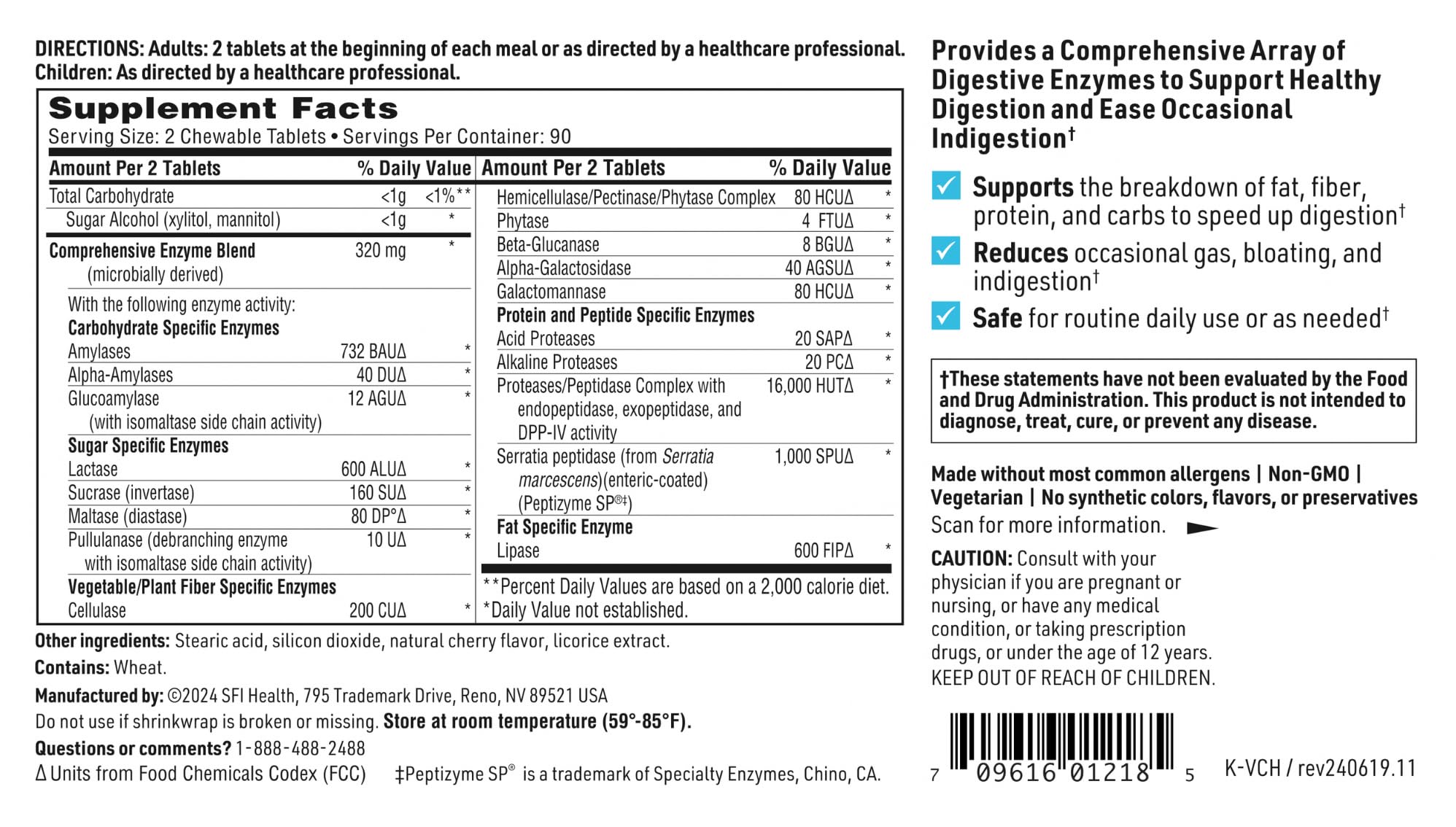 Formulation hypoallergénique Vital‑Zymes SFI Health, sans allergènes courants