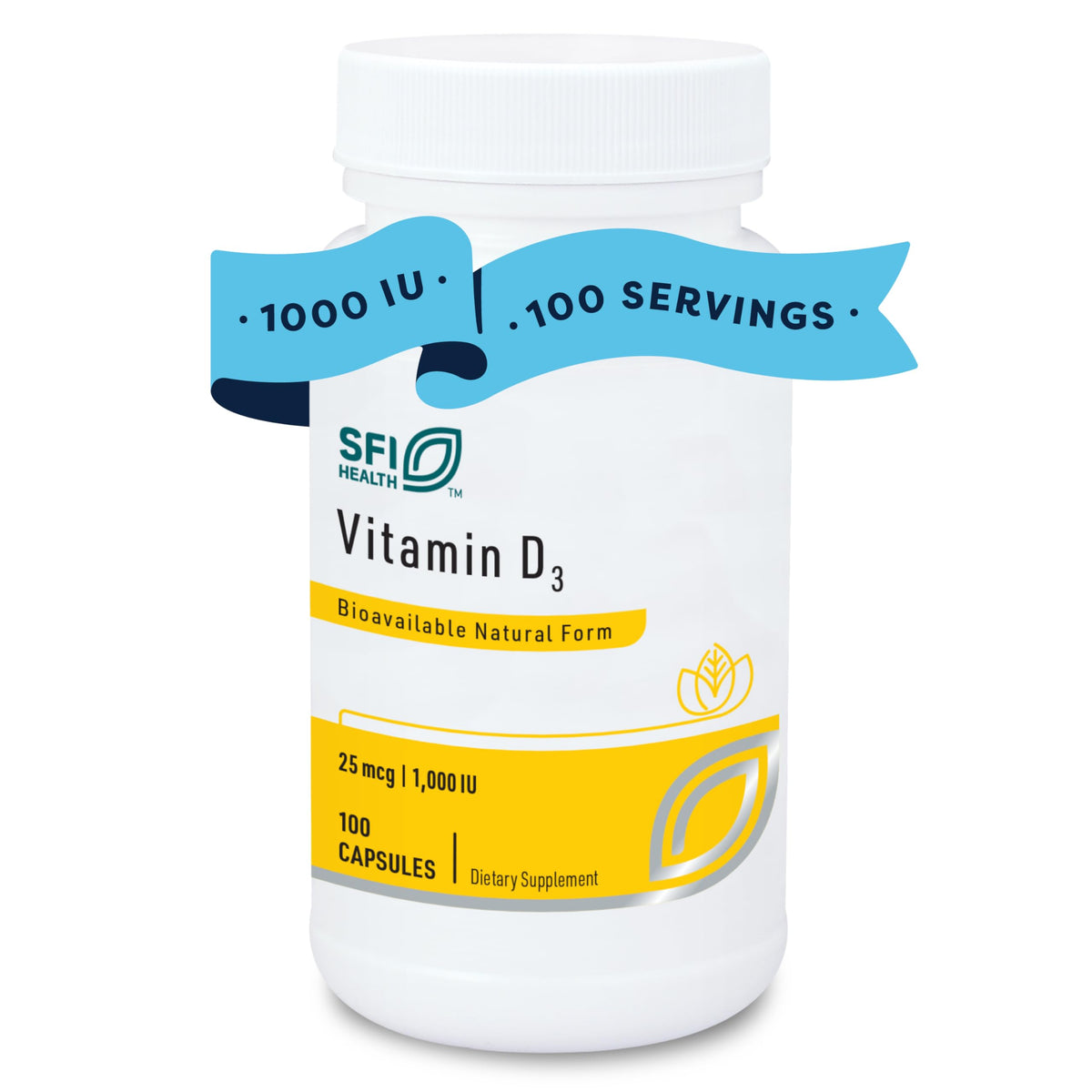SFI Health Vitamine D3 1000 UI – bouteille montrant une puissance élevée pour le soutien osseux.