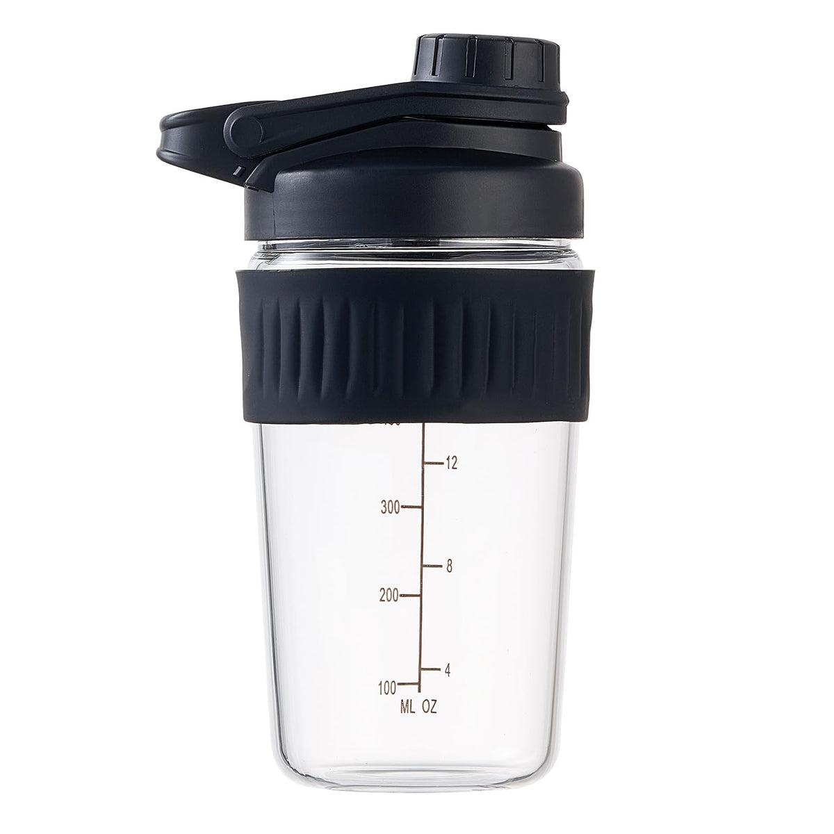 ShakeXpert flacon shaker en verre 16oz avec ouverture large facilitant l’ajout de poudres.