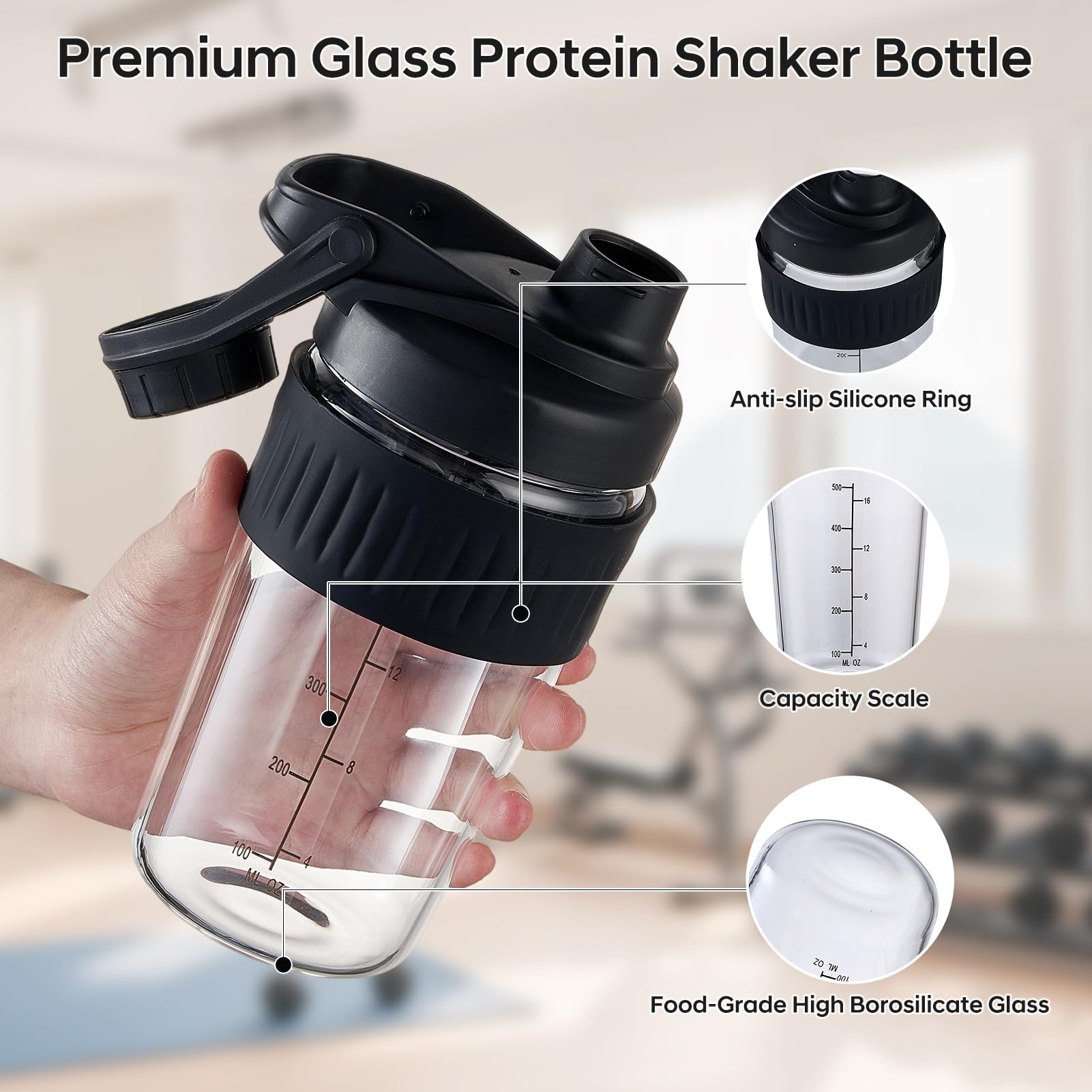 ShakeXpert flacon shaker en verre 16oz avec poignée ergonomique pour le gymnase.