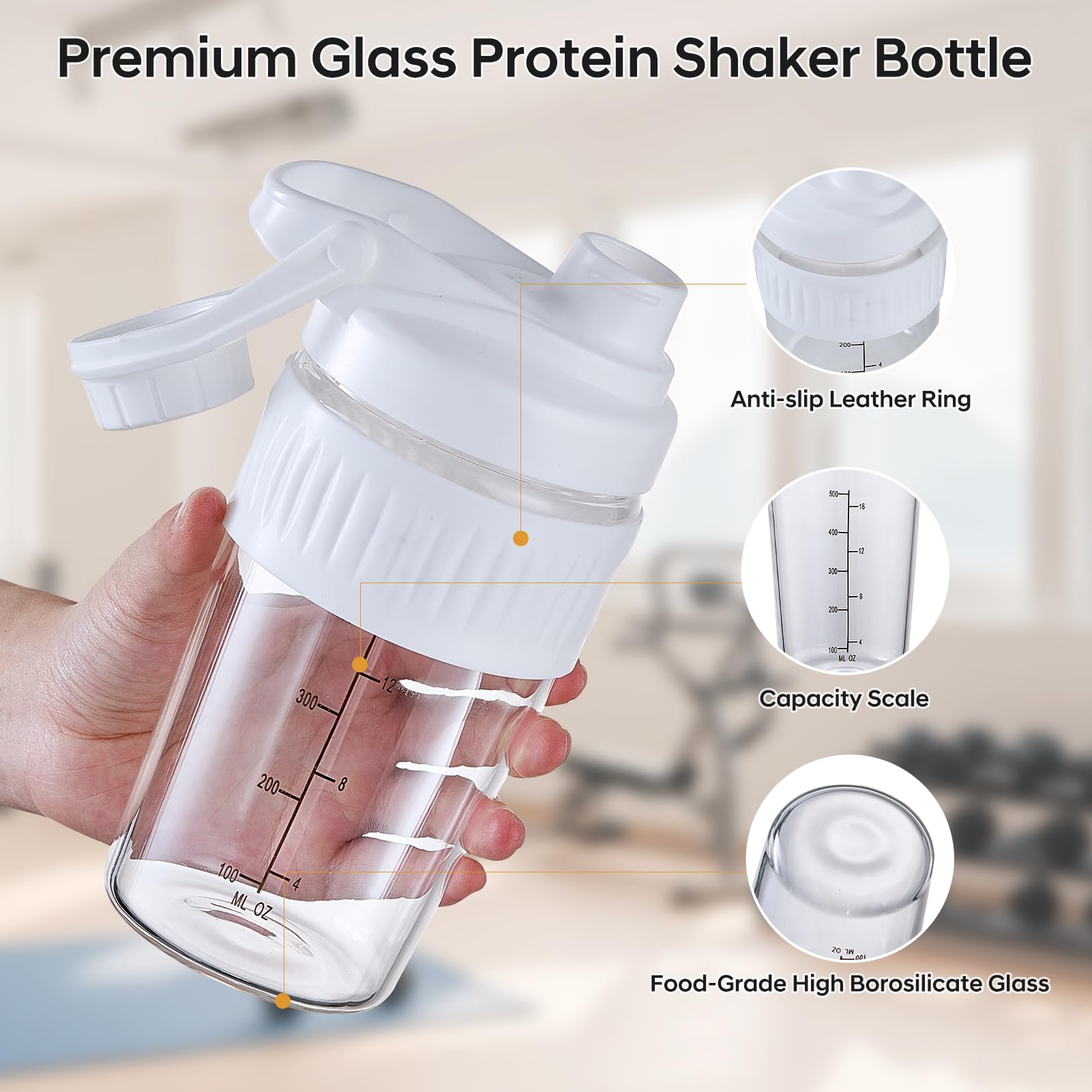 ShakeXpert poignée ergonomique sur bouteille verre, facile à transporter au gym.