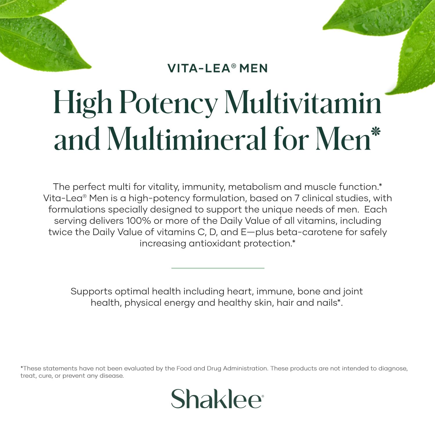 Shaklee Vita-Lea Men – emballage et notice, complément alimentaire adapté aux hommes actifs.
