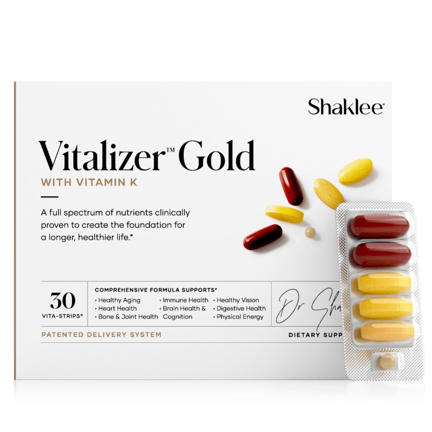 Shaklee Vitalizer Gold-bouteille et étiquette, format Vita-Strips pratique pour la supplémentation quotidienne