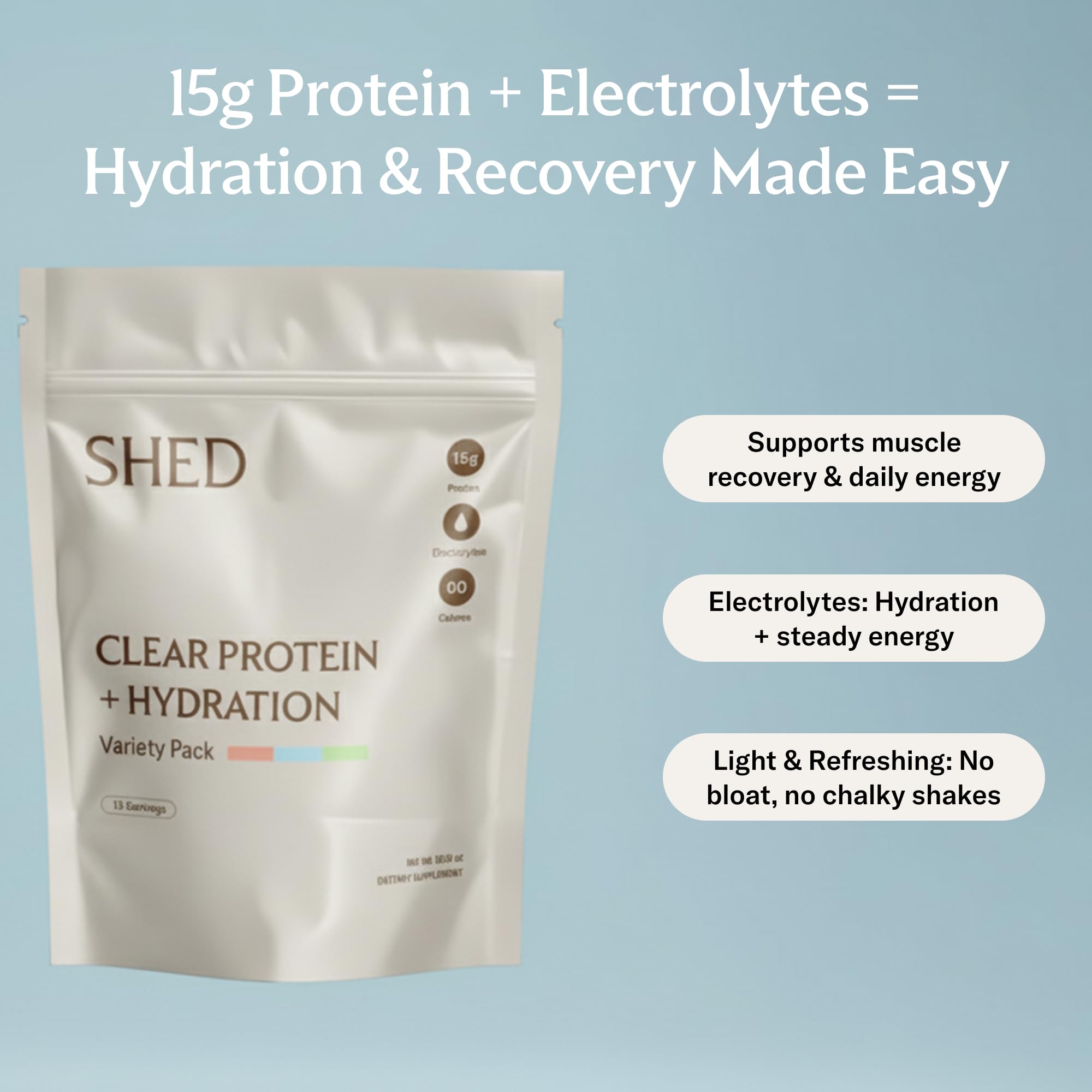 Shed Nutrition mélange protéique clair dans un verre, hydratation légère.