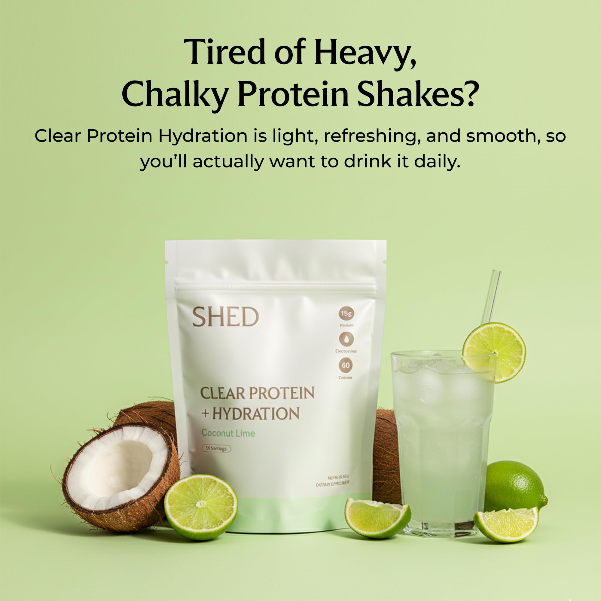 Shed Nutrition protéine claire Coco Lime — sachet prêt à l'emploi pour hydratation protéinée.