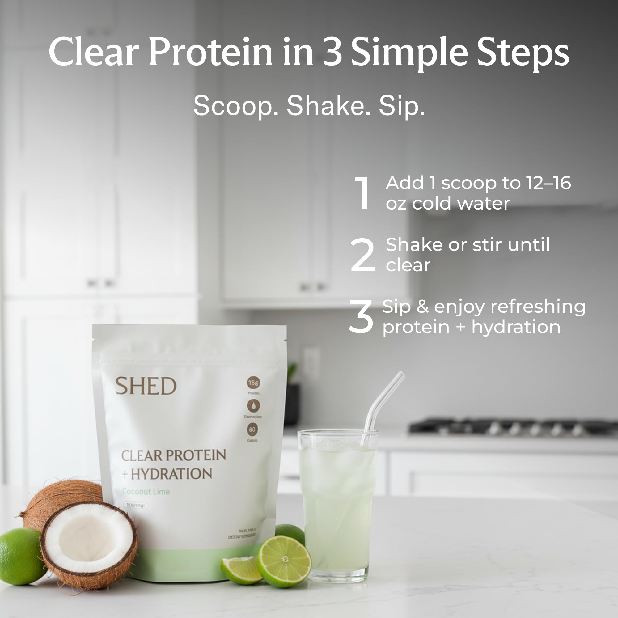 Shed Nutrition protéine claire Coco Lime — verre d'eau prêt pour une boisson post-entraînement légère.