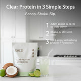 Shed Nutrition protéine claire Coco Lime — verre d'eau prêt pour une boisson post-entraînement légère.