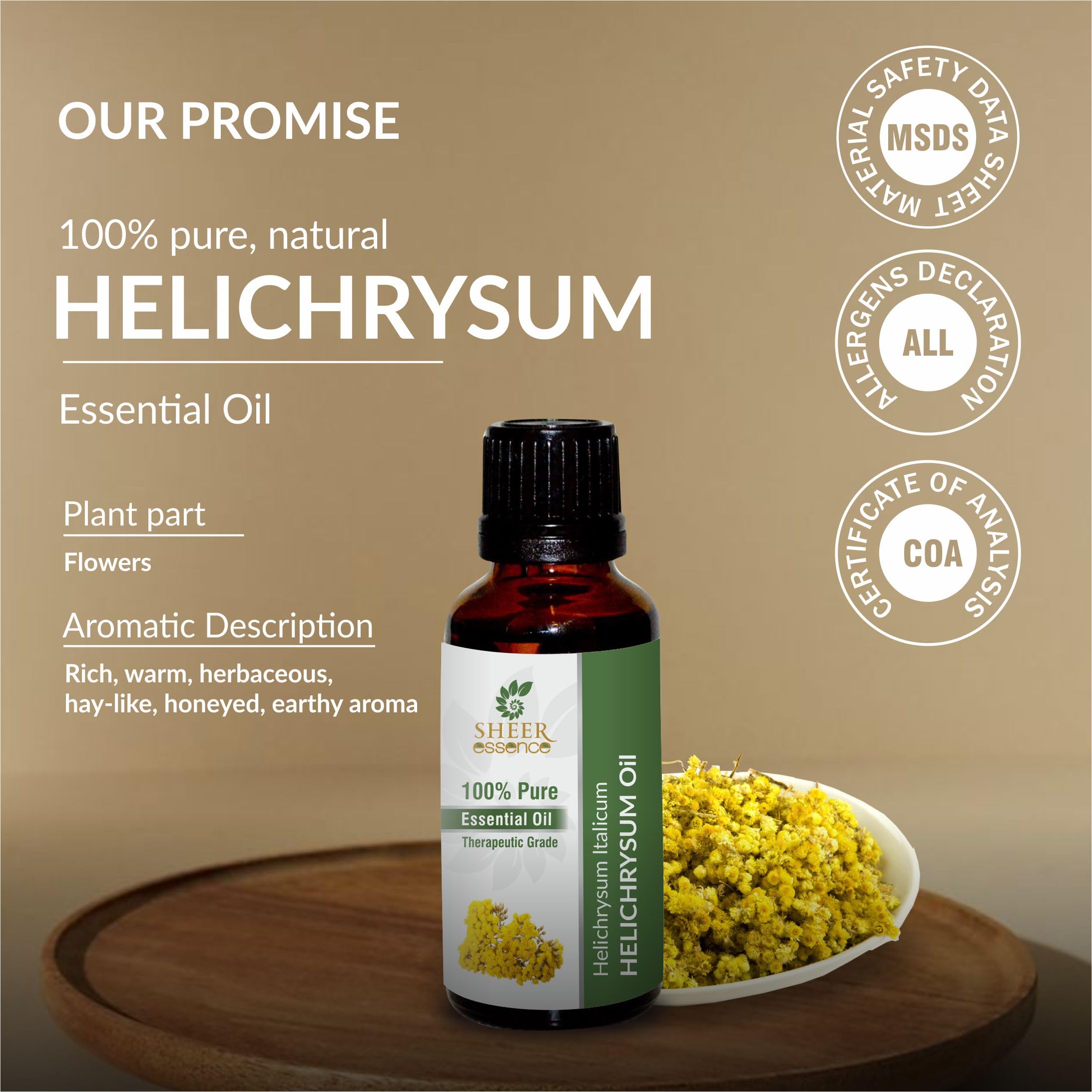Bouteille ambrée Sheer Essence Helichrysum pour une présentation élégante.