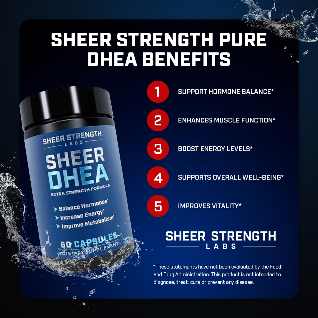 Étiquette Sheer Strength DHEA – dosage clair et informations transparentes.