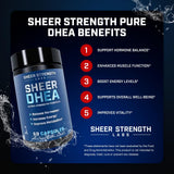 Étiquette Sheer Strength DHEA – dosage clair et informations transparentes.