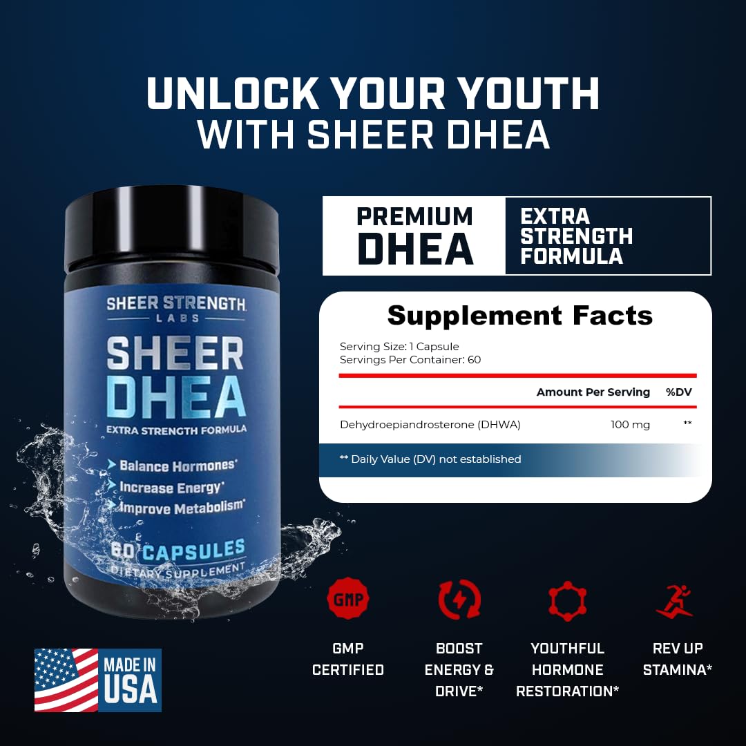 Sheer Strength DHEA 100 mg – gélules visibles, faciles à ajouter à votre routine sportive.