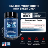 Sheer Strength DHEA 100 mg – gélules visibles, faciles à ajouter à votre routine sportive.