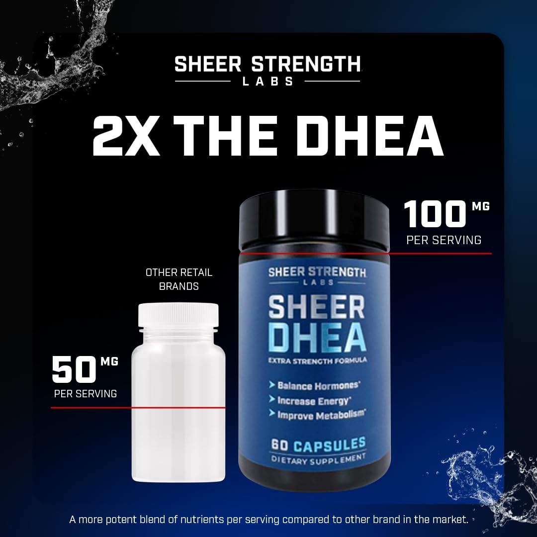 Packaging Sheer Strength DHEA – emballage élégant et rangement facile.