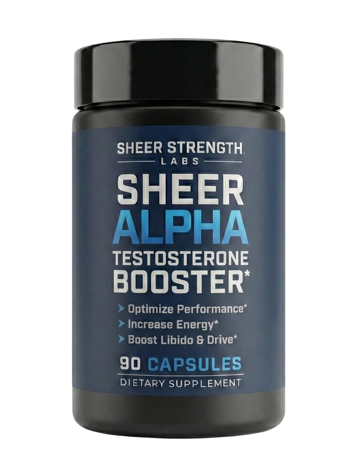 Sheer Alpha T-Booster dans son flacon, soutien potentiel à l'énergie et à la forme.