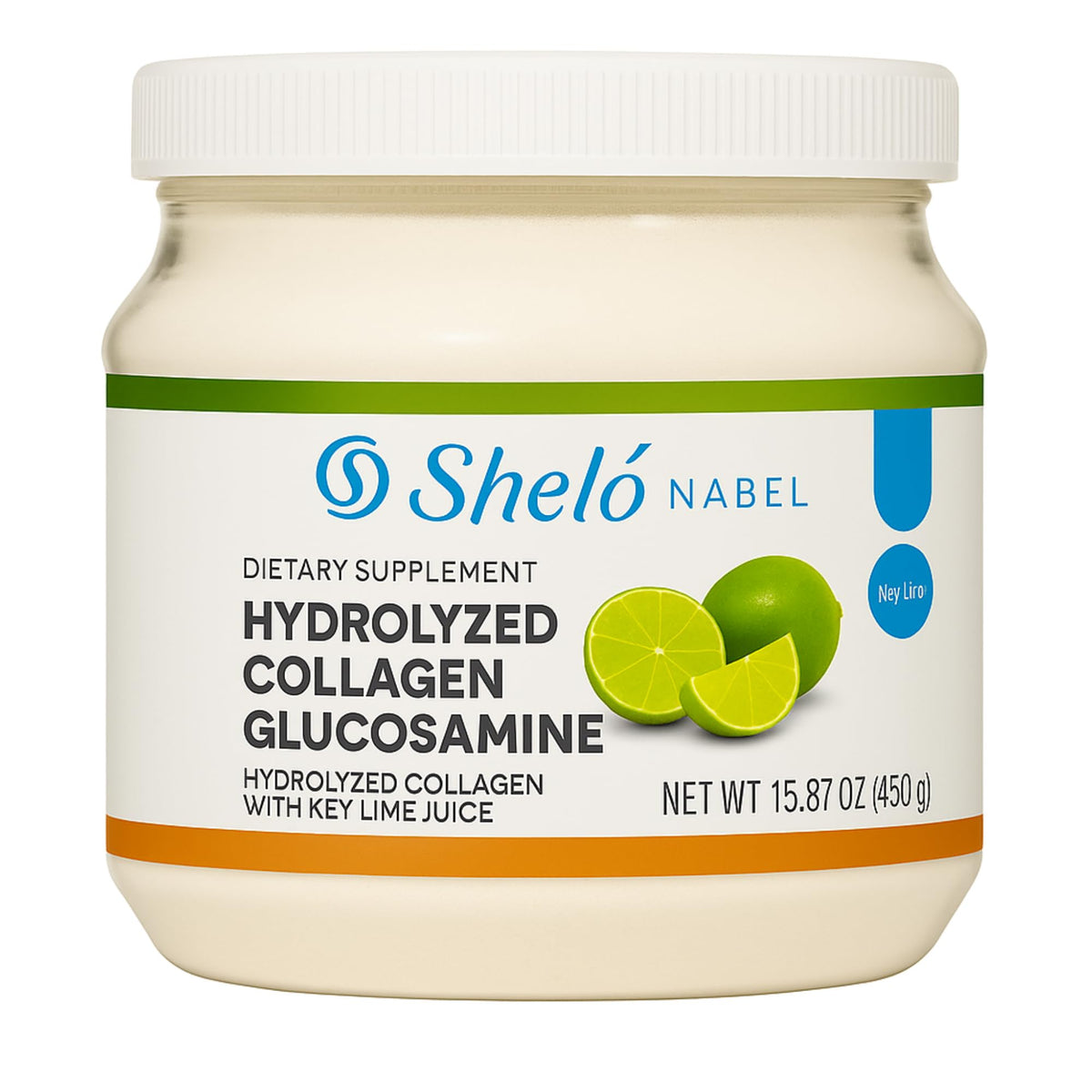 Bouteille Sheló NABEL Collagène Citron, usage potentiel pour peau et articulations.