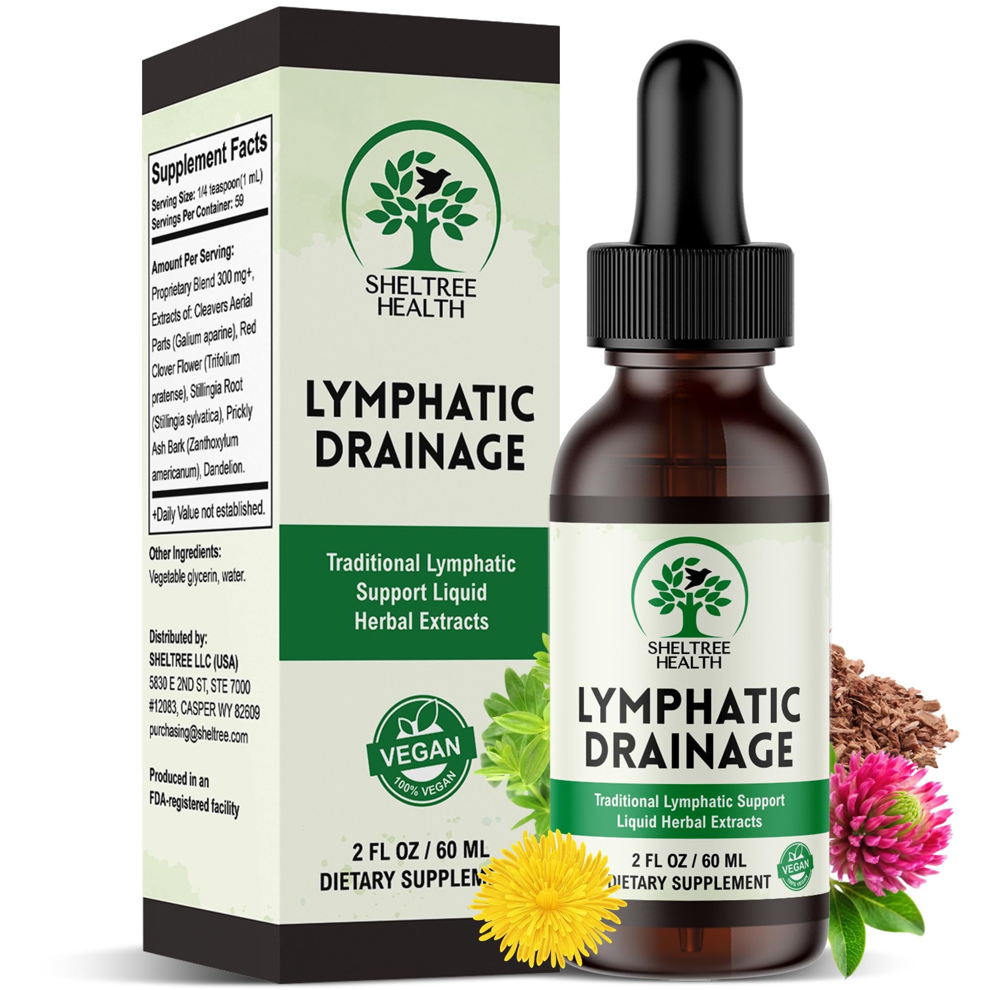 SHELTREE HEALTH gouttes drainage lymphatique, bouteille 2oz, soutien quotidien possible.