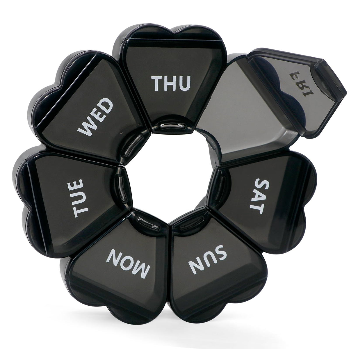 SHIJOINYU porte-pilules semaine noir — ouverture facile et pratique pour la routine hebdomadaire.