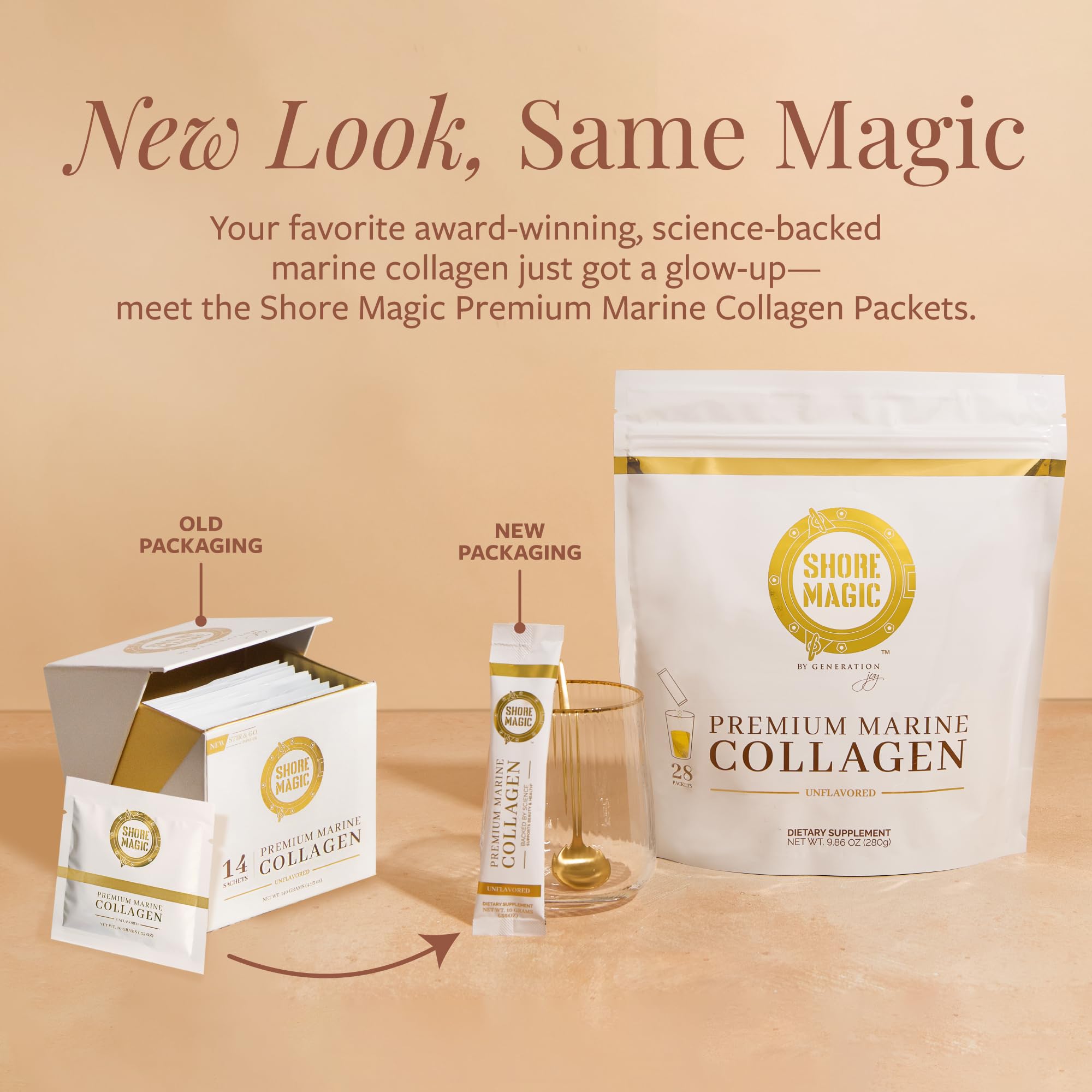 Sachets quotidiens Shore Magic, faciles à transporter pour une routine régulière.