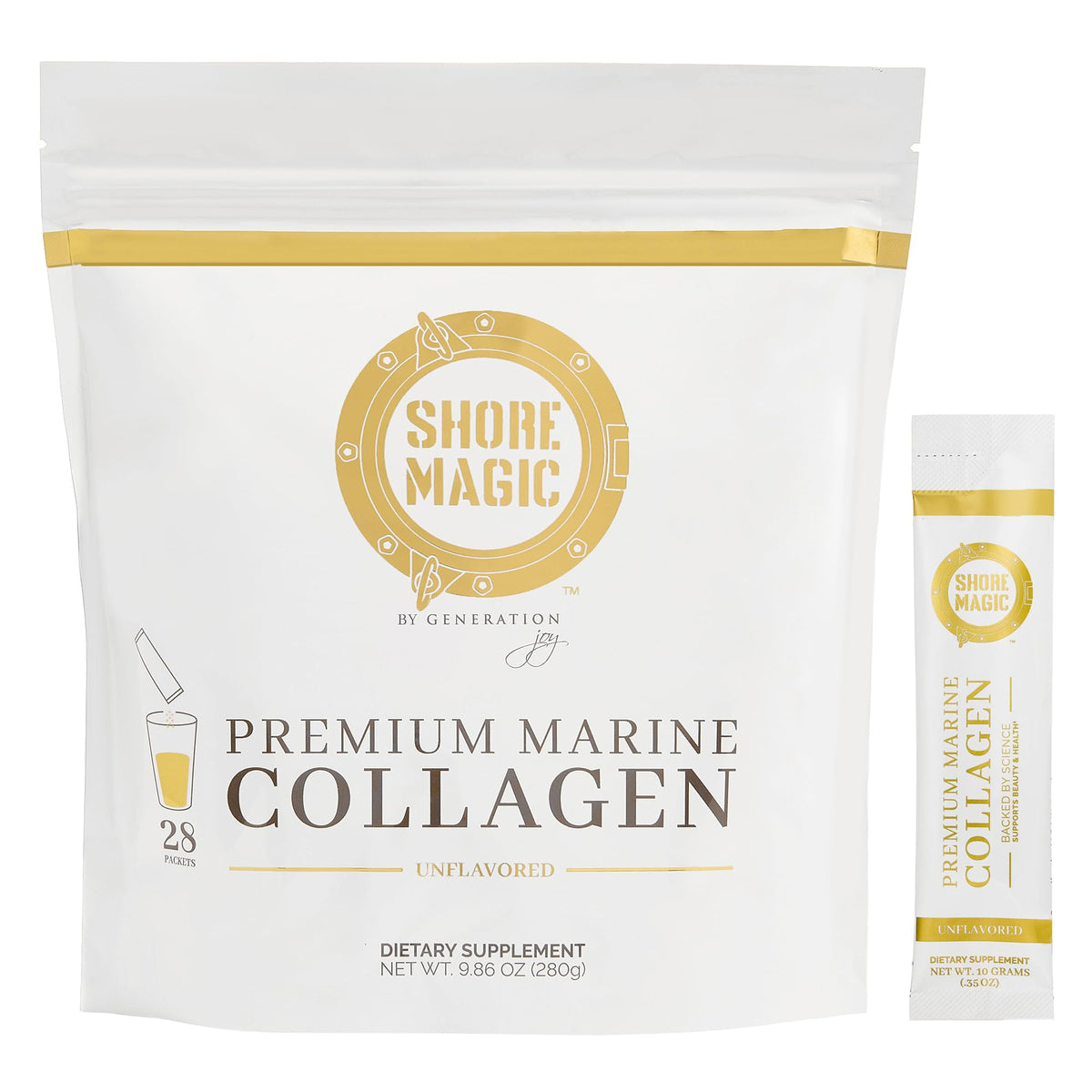 Shore Magic Poudre de collagène marin en bouteille, idéal pour peau et articulations.