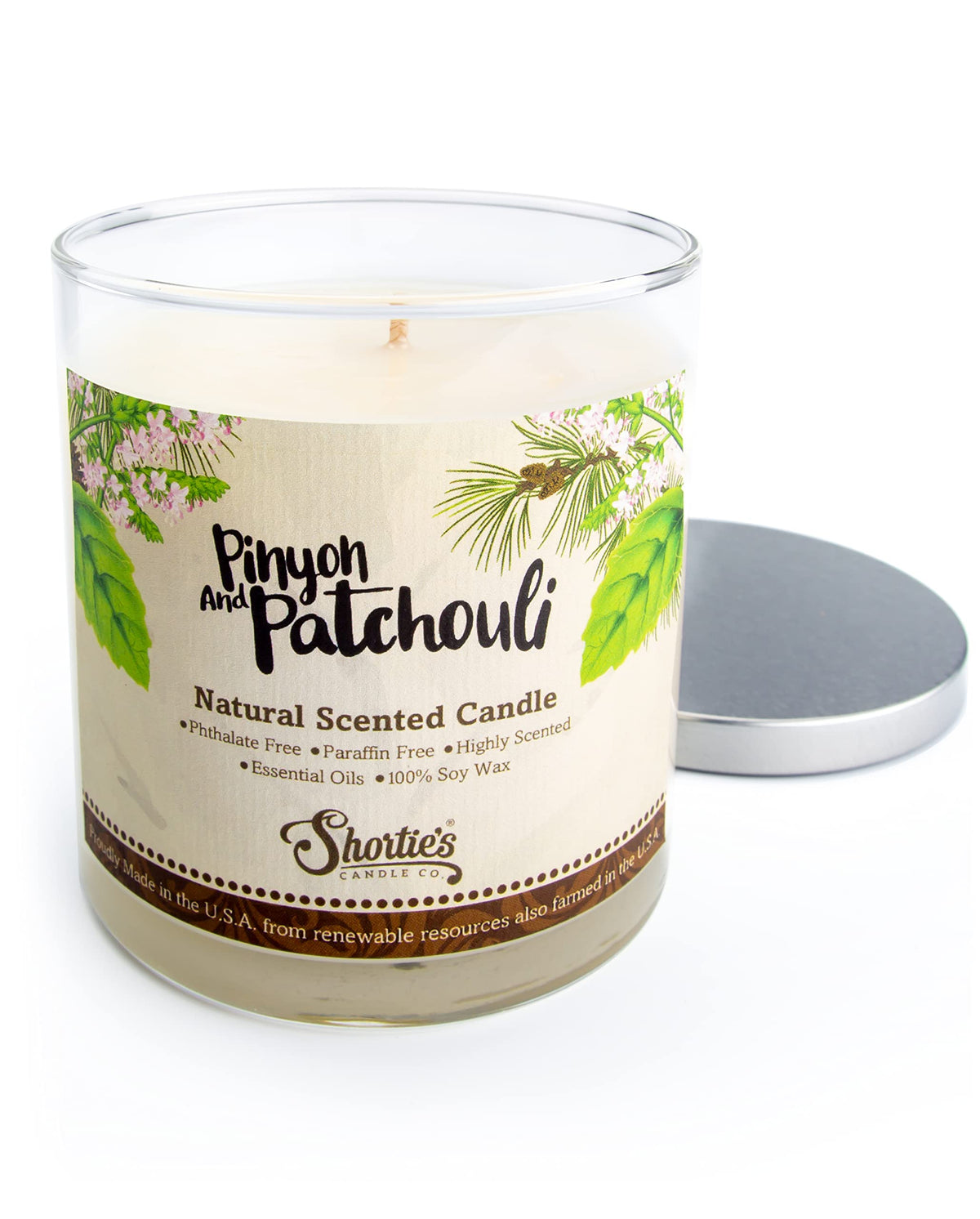 Shortie's Pinyon & Patchouli – étiquette bougie, parfum naturel et durable.