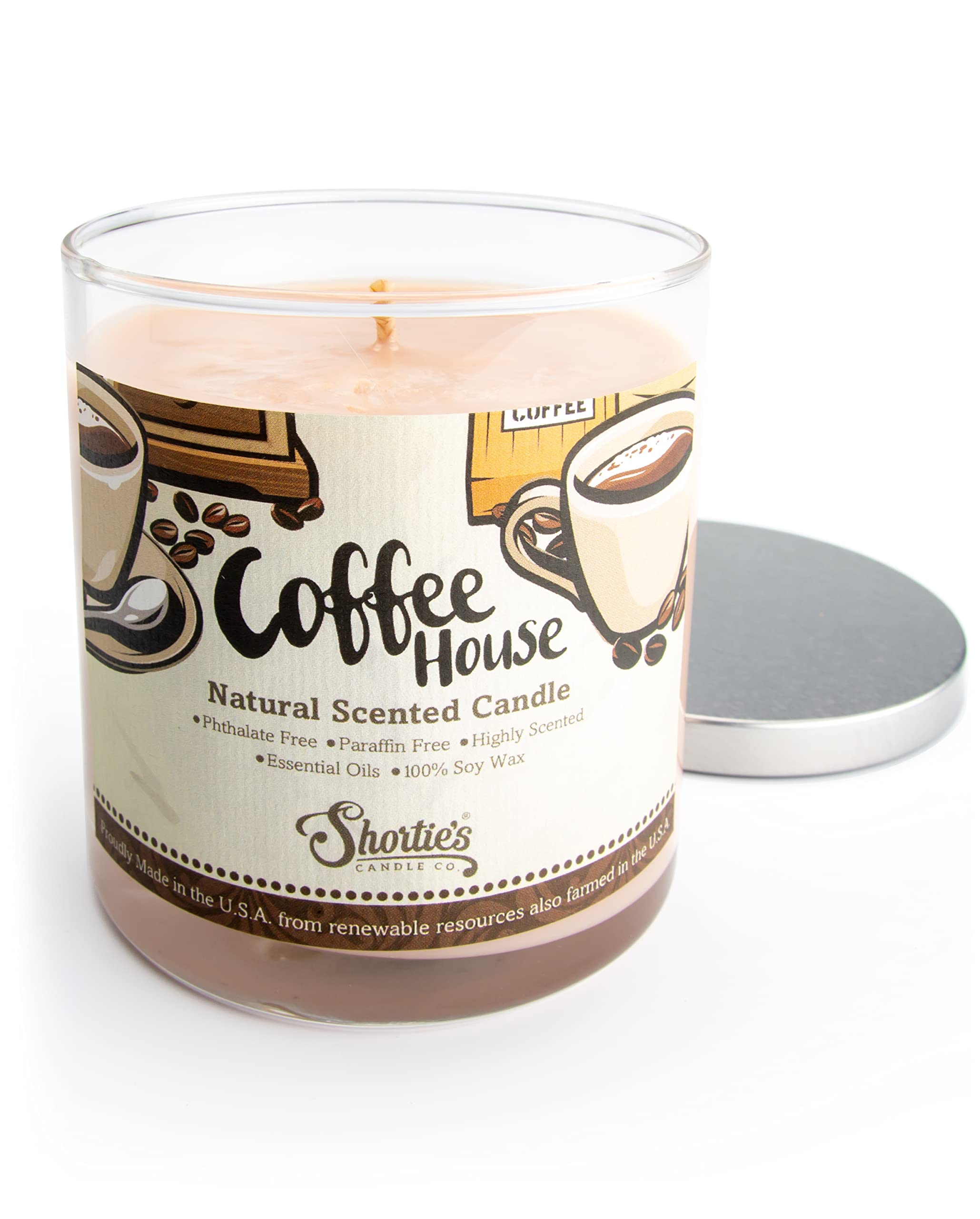Bougie Shortie's Coffee House en cire de soja, fragrance riche et durable, usage domestique.