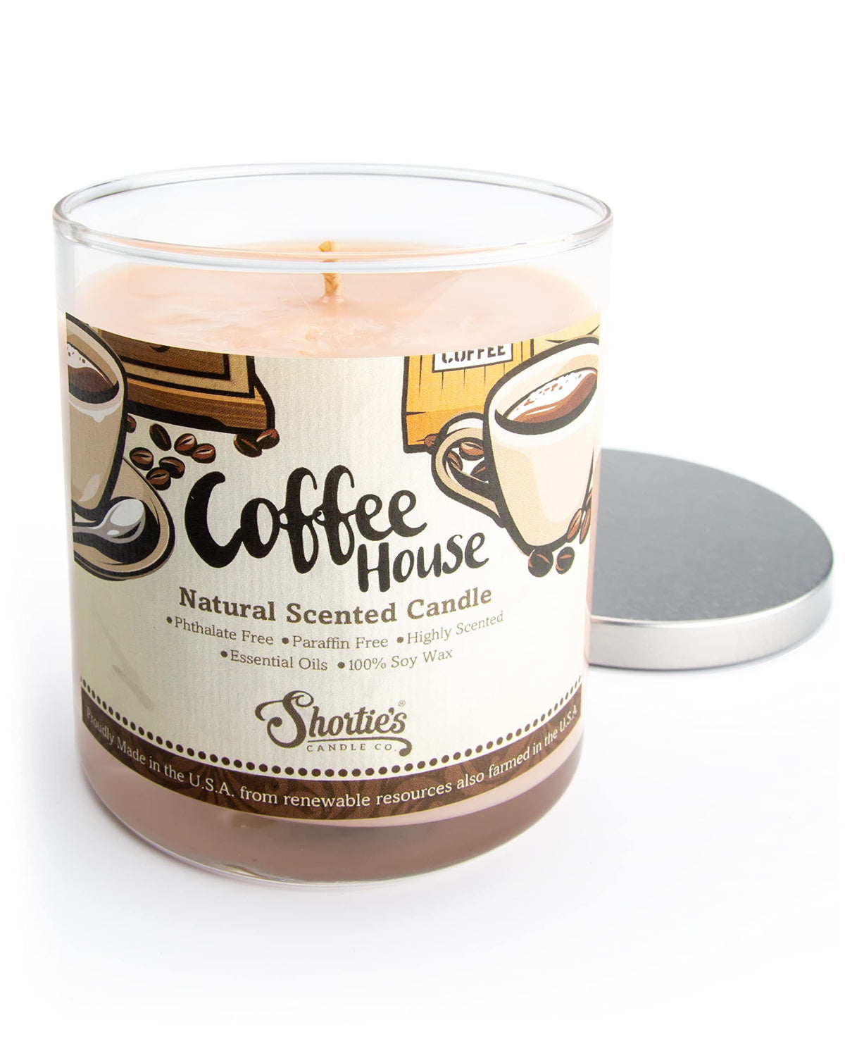 Bougie Shortie's Coffee House en cire de soja, fragrance riche et durable, usage domestique.