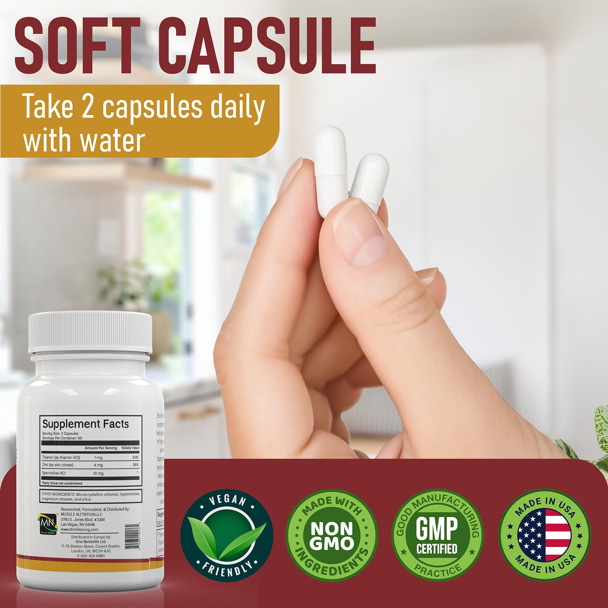 Shrink Spermidine boîte de 120 capsules avec design épuré et pratique à ranger.