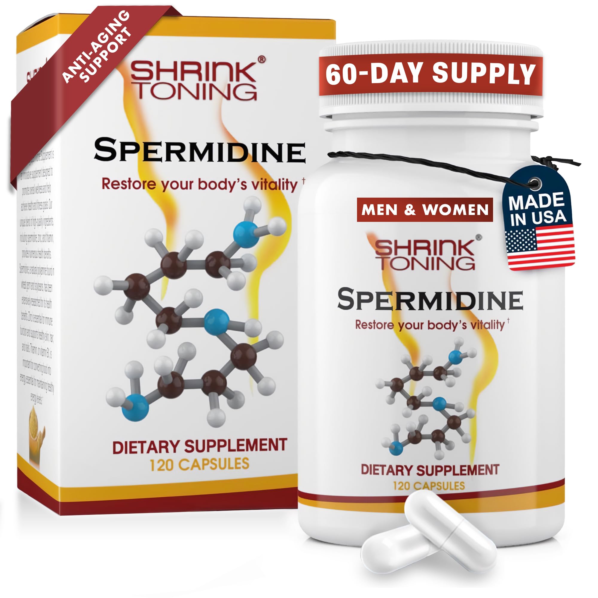 Shrink Spermidine capsules véganes sur fond neutre, soutien potentiel à l'énergie et à la vitalité.