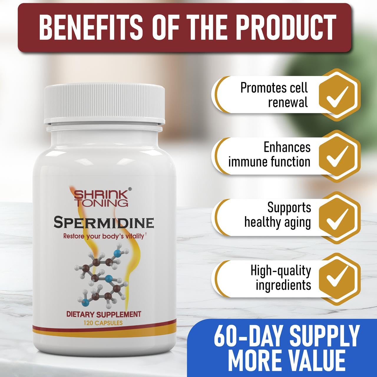 Shrink Spermidine contient Zinc et Thiamine pour un soutien nutritionnel polyvalent.