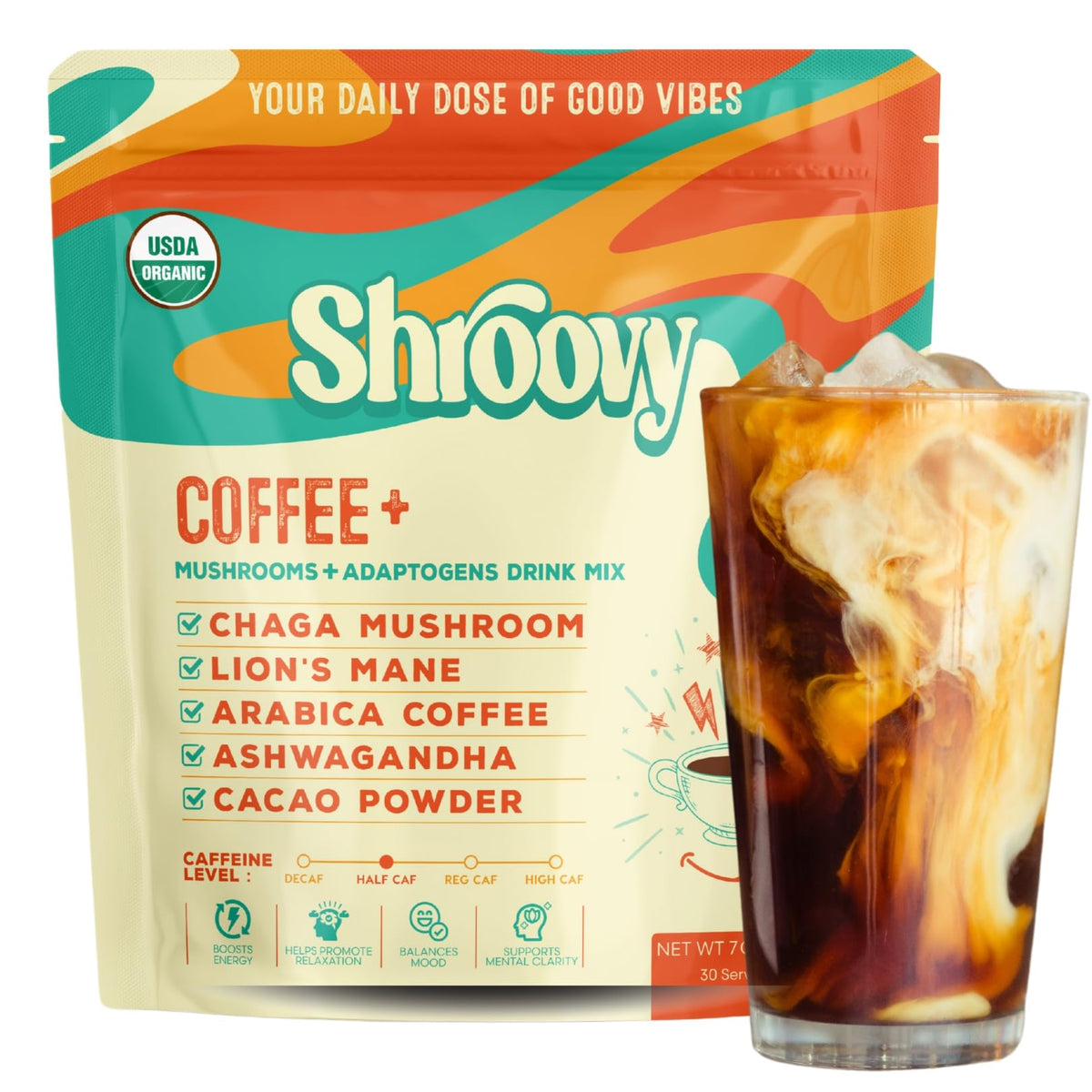 Shroovy café champignons — bouteille appétissante pour démarrer une énergie durable.
