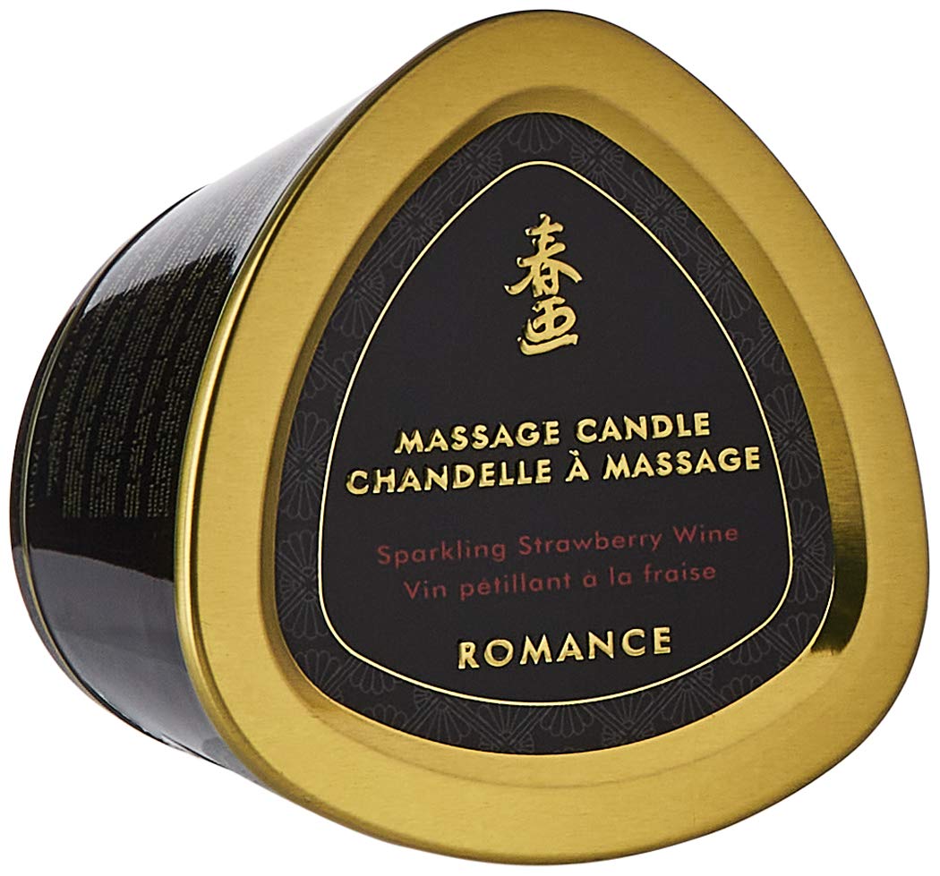 Bougie Shunga de massage – fraise pétillante au vin, crée une ambiance intime et chauffe légèrement.