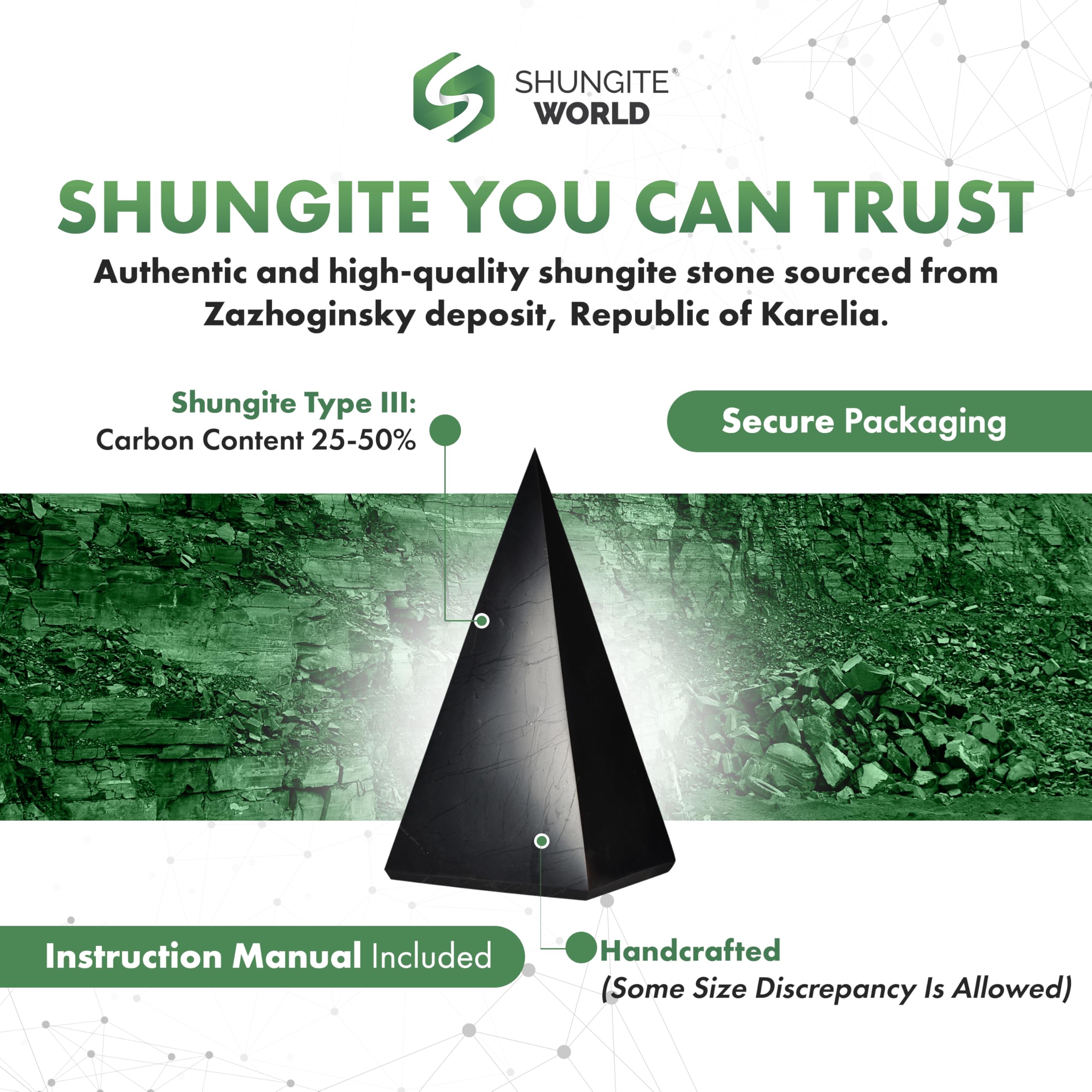 Shungite World gros plan pierre noire : texture naturelle propice à la méditation.