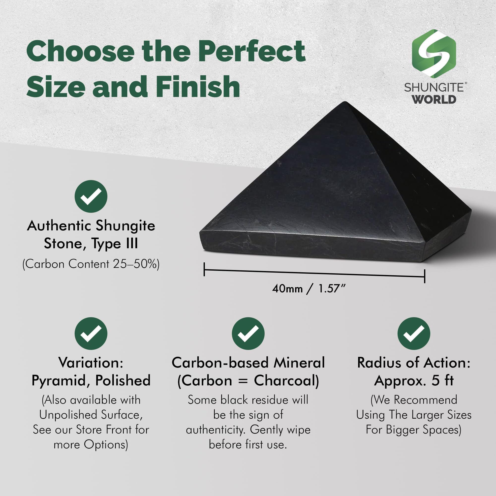Pyramide Shungite World pour chambre, favorise harmonie et sommeil paisible.