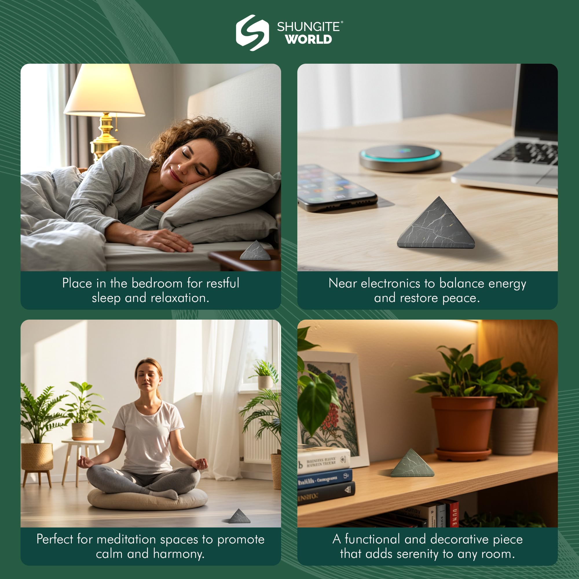 Shungite World pyramide avec d'autres pierres pour harmonie zen.