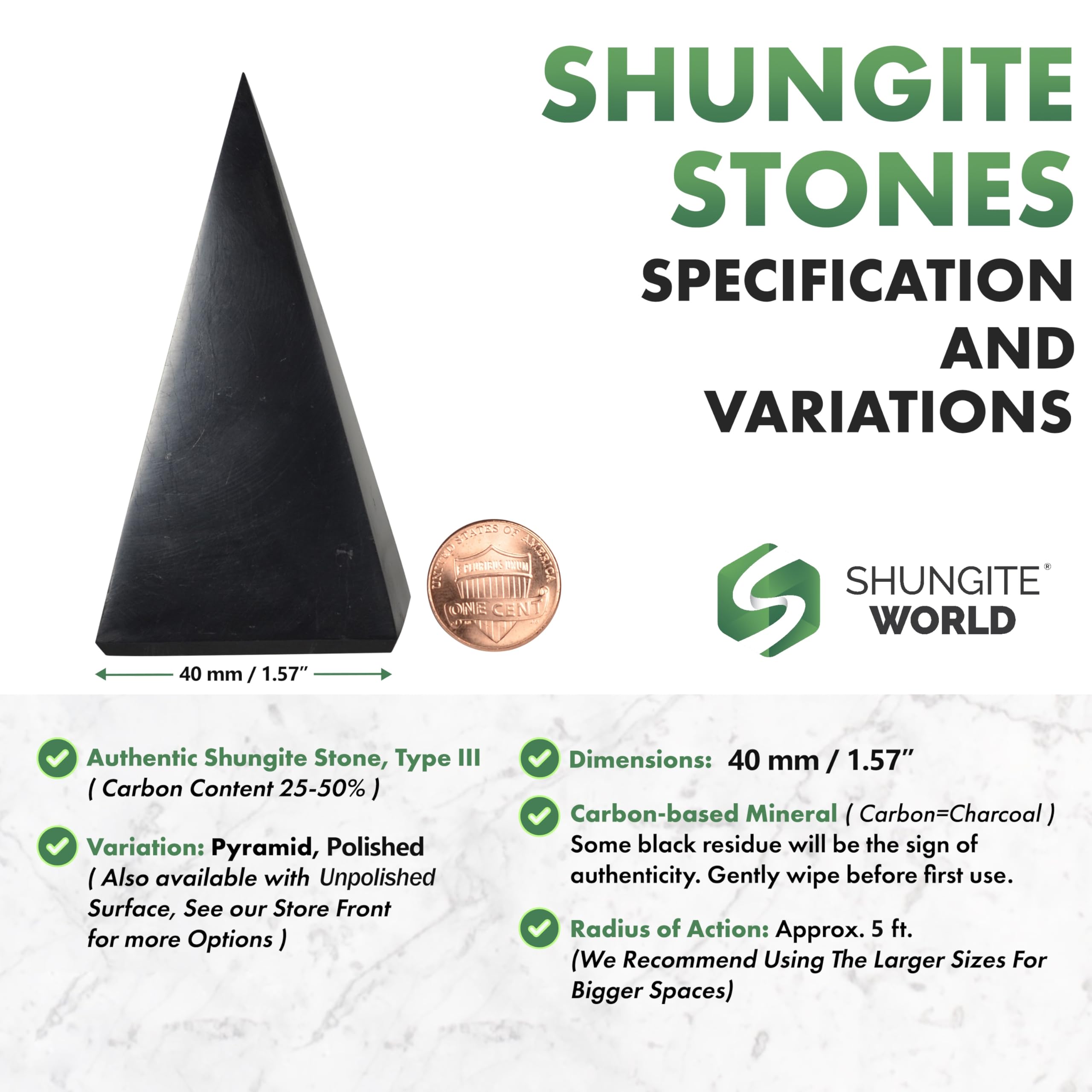 Shungite World pyramide polie 40mm : design élégant et effet purificateur léger.