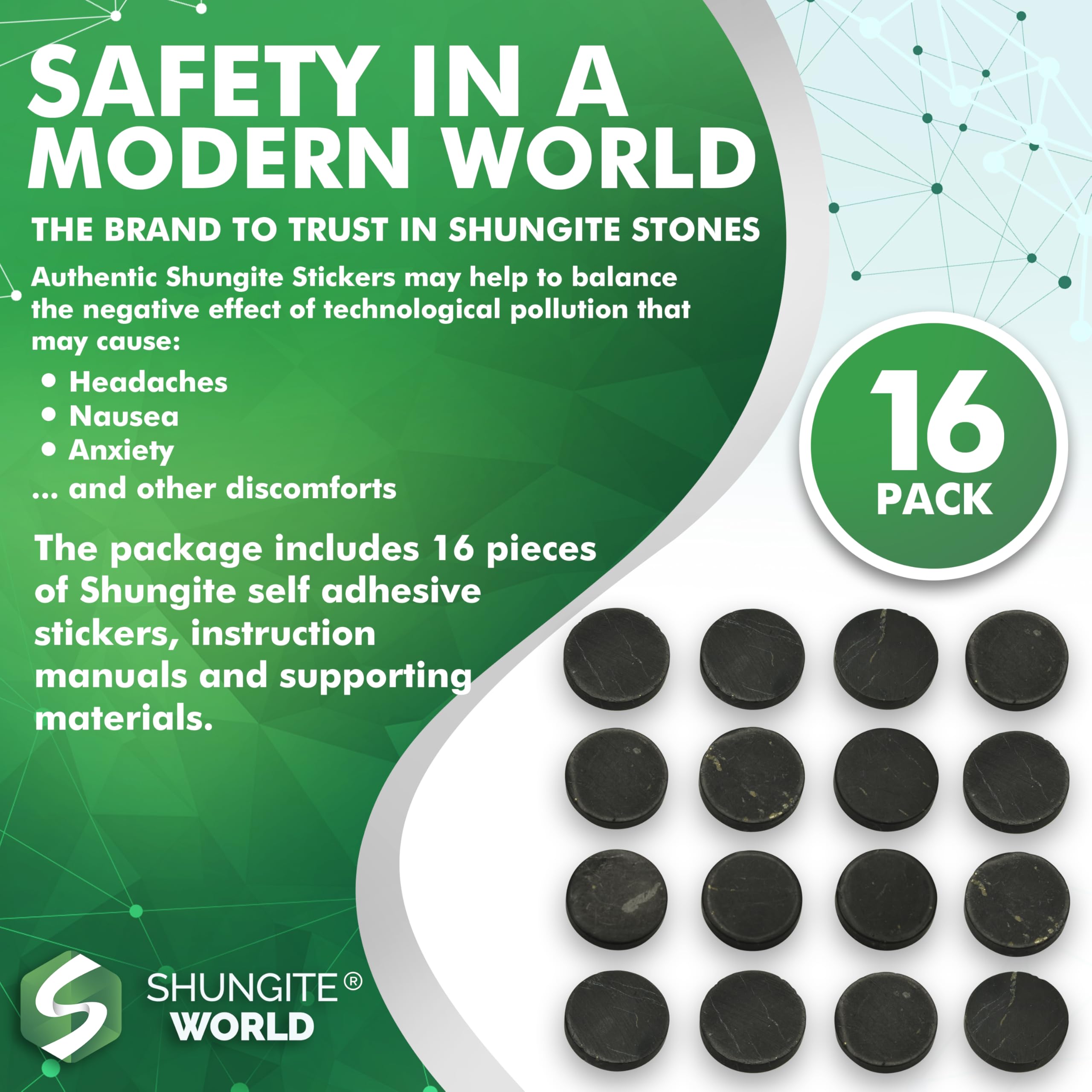 Autocollant Shungite World 50mm sur ordinateur portable pour équilibre au travail.