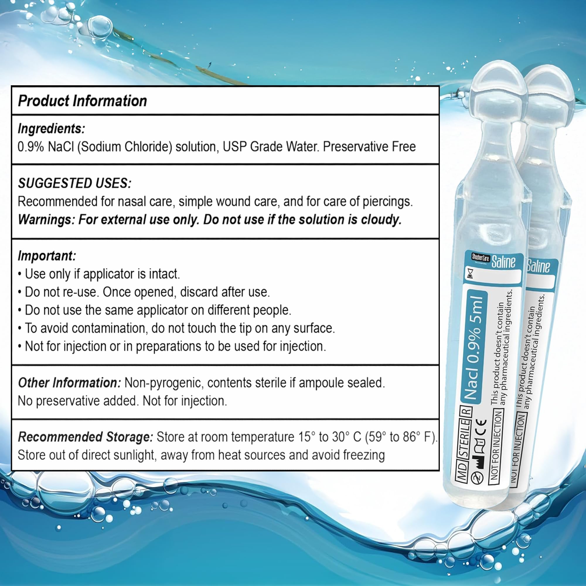 Shusher Care Ampoules Saline – nettoyage des plaies et débris en douceur.
