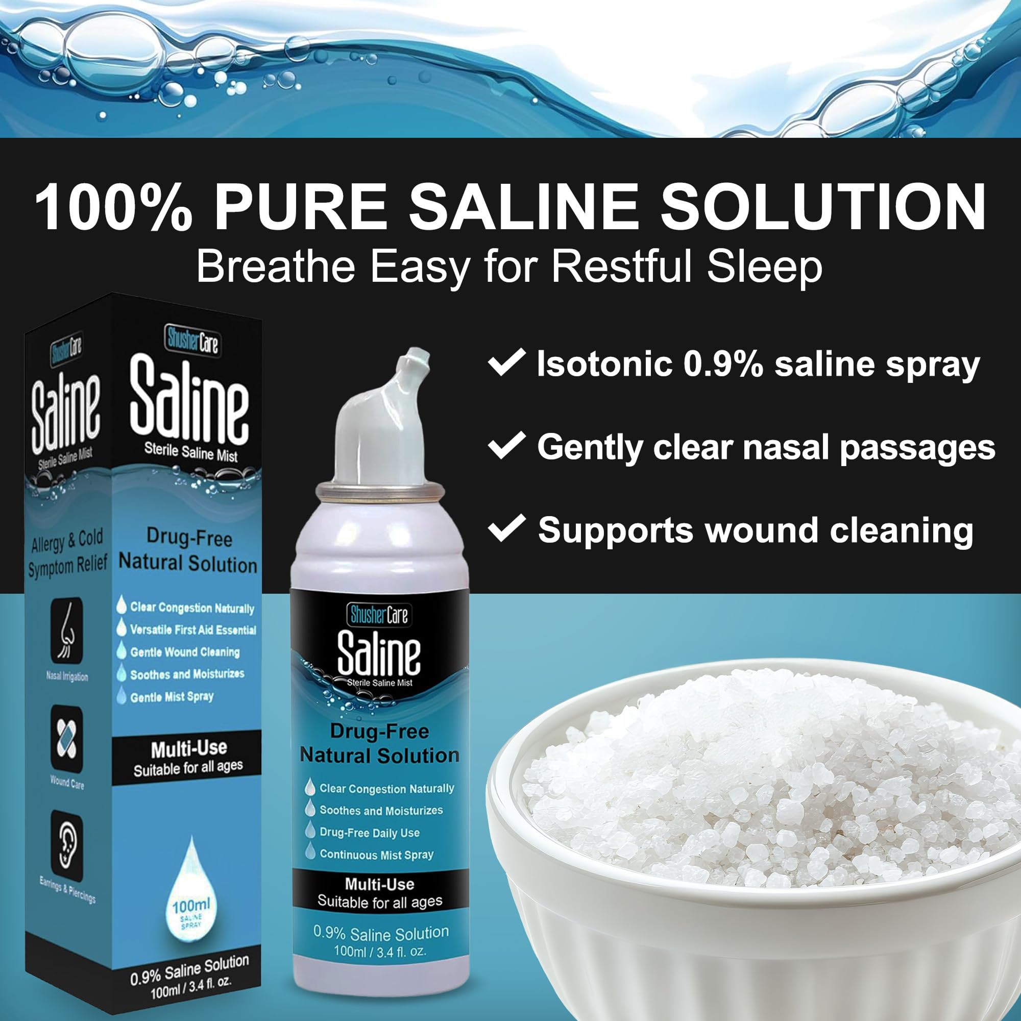 Shusher Care bouteille saline 100ml — pratique à emporter en voyage.