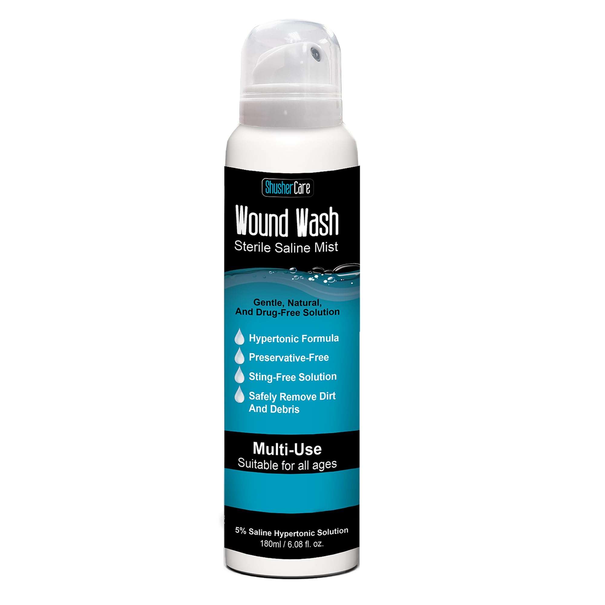 Shusher Care lavage plaie par pulvérisation saline, nettoyage doux et efficace.