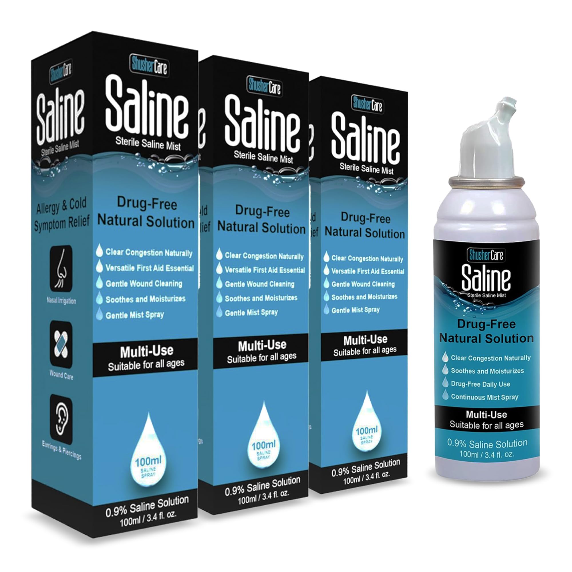 Shusher Care spray nasal saline 100ml — hydratant et doux pour le nez.