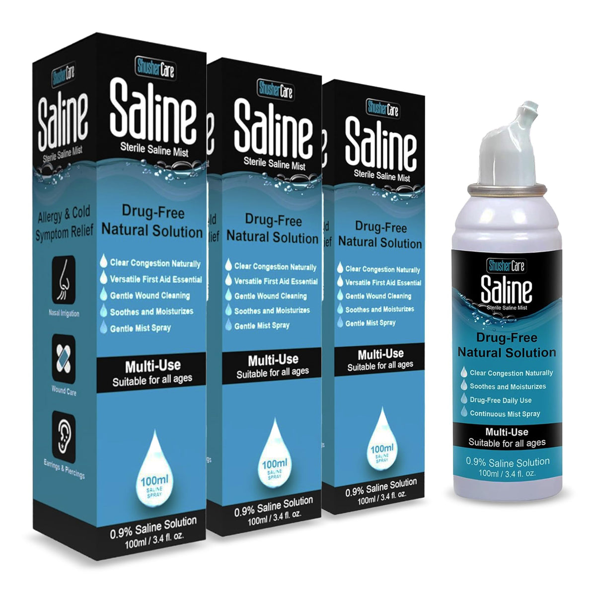 Shusher Care spray nasal saline 100ml — hydratant et doux pour le nez.