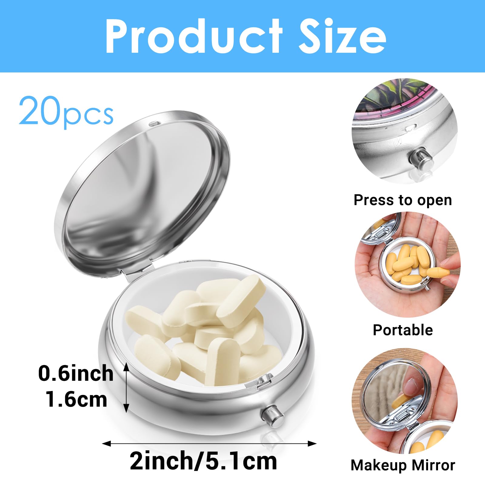 Sibba Molain boîte pilules miroir intégré, accessoire pratique pour sac à main