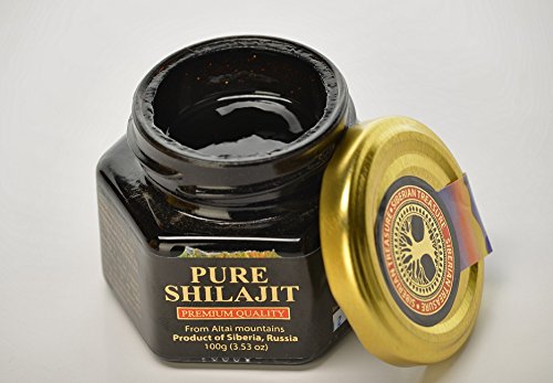 Shilajit pur de Siberian Treasure dans l'emballage en verre élégant et sûr.