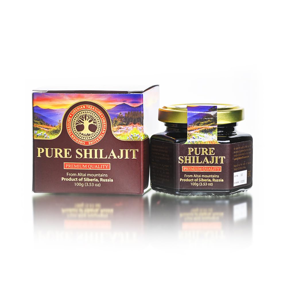Pot en verre contenant la résine Shilajit pur, prêt à l'emploi.