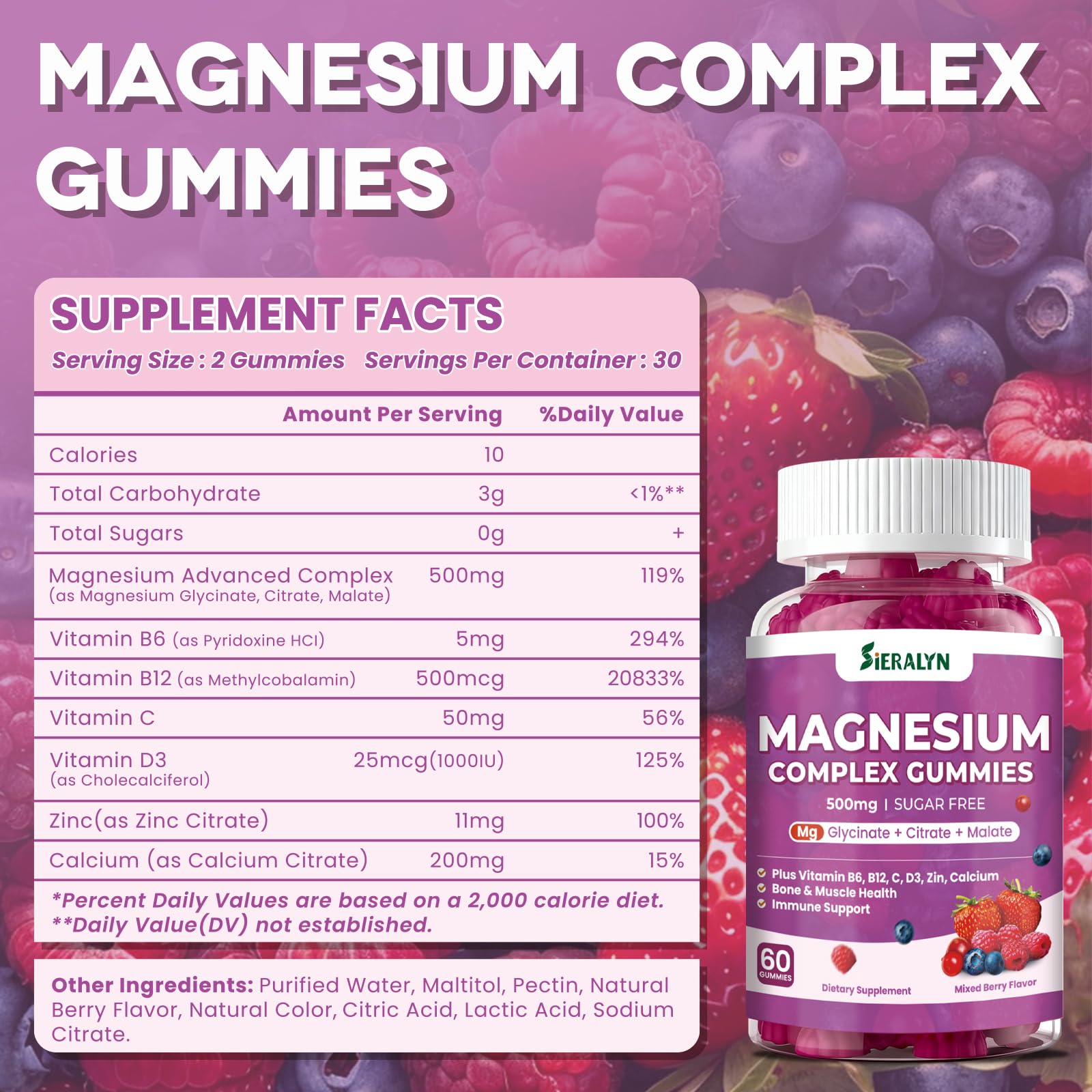 Sieralyn Complexe Magnésium étiquette détaillant ingrédients et vitamines clés