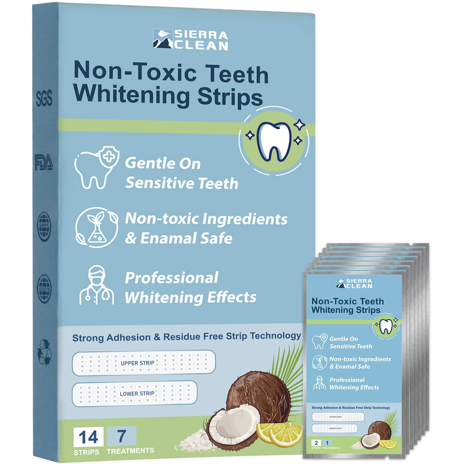 Sierra Clean bandes-blanchiment-dents pour une utilisation à domicile avec résultats progressifs.