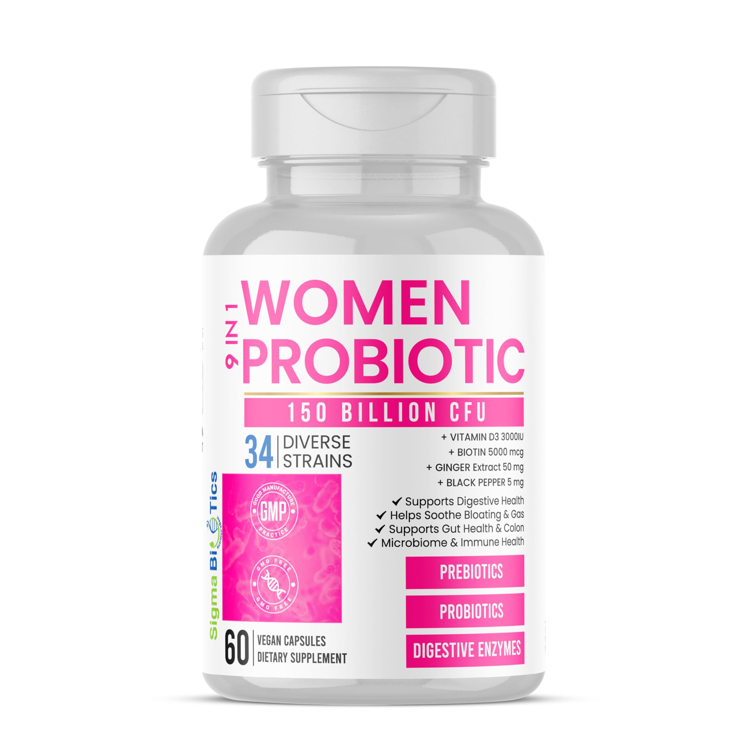 SigmaBiotics Femmes Probiotiques: capsules dans une bouteille, soutien digestif quotidien.