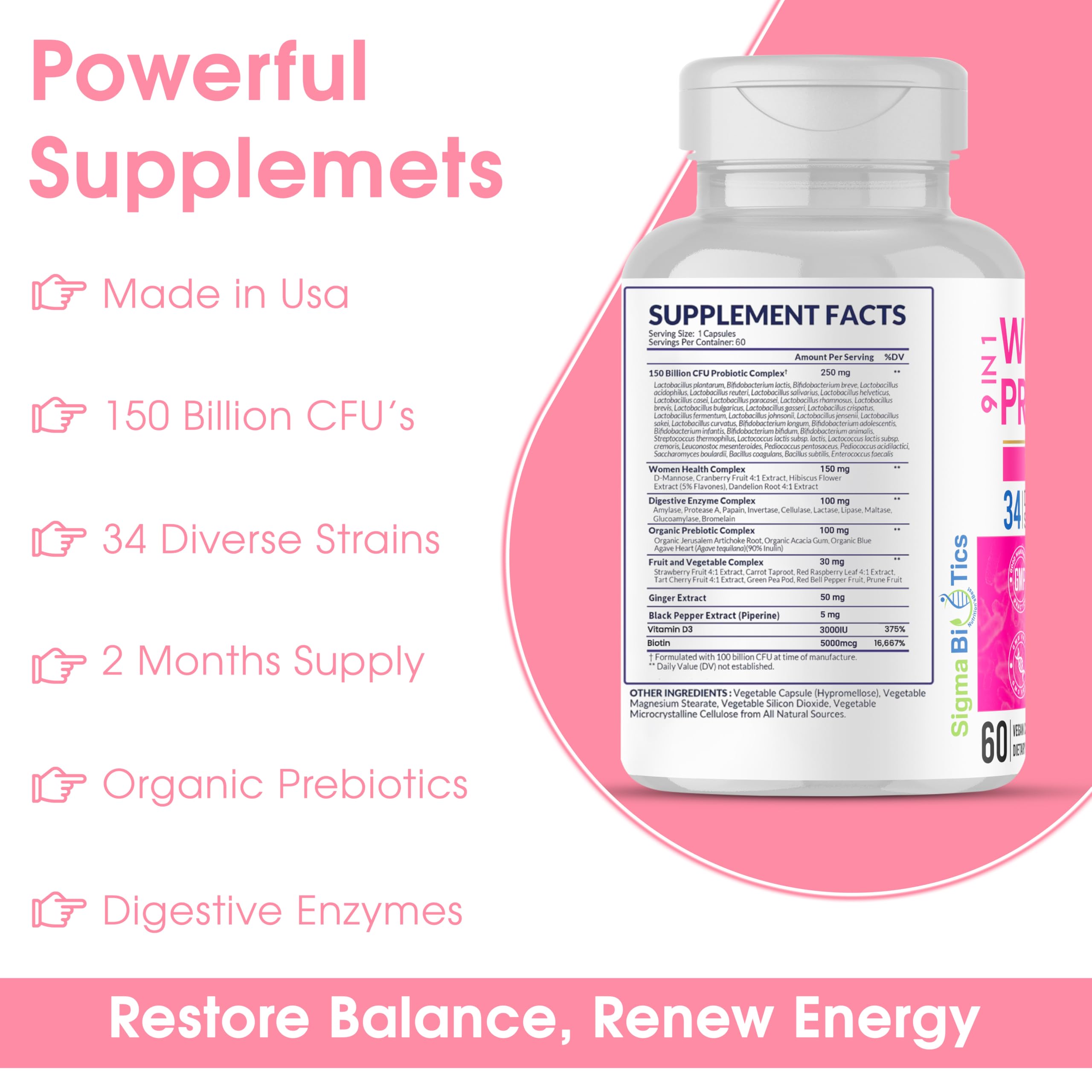 SigmaBiotics 34 souches: flacon clair, équilibre intestinal potentiel.
